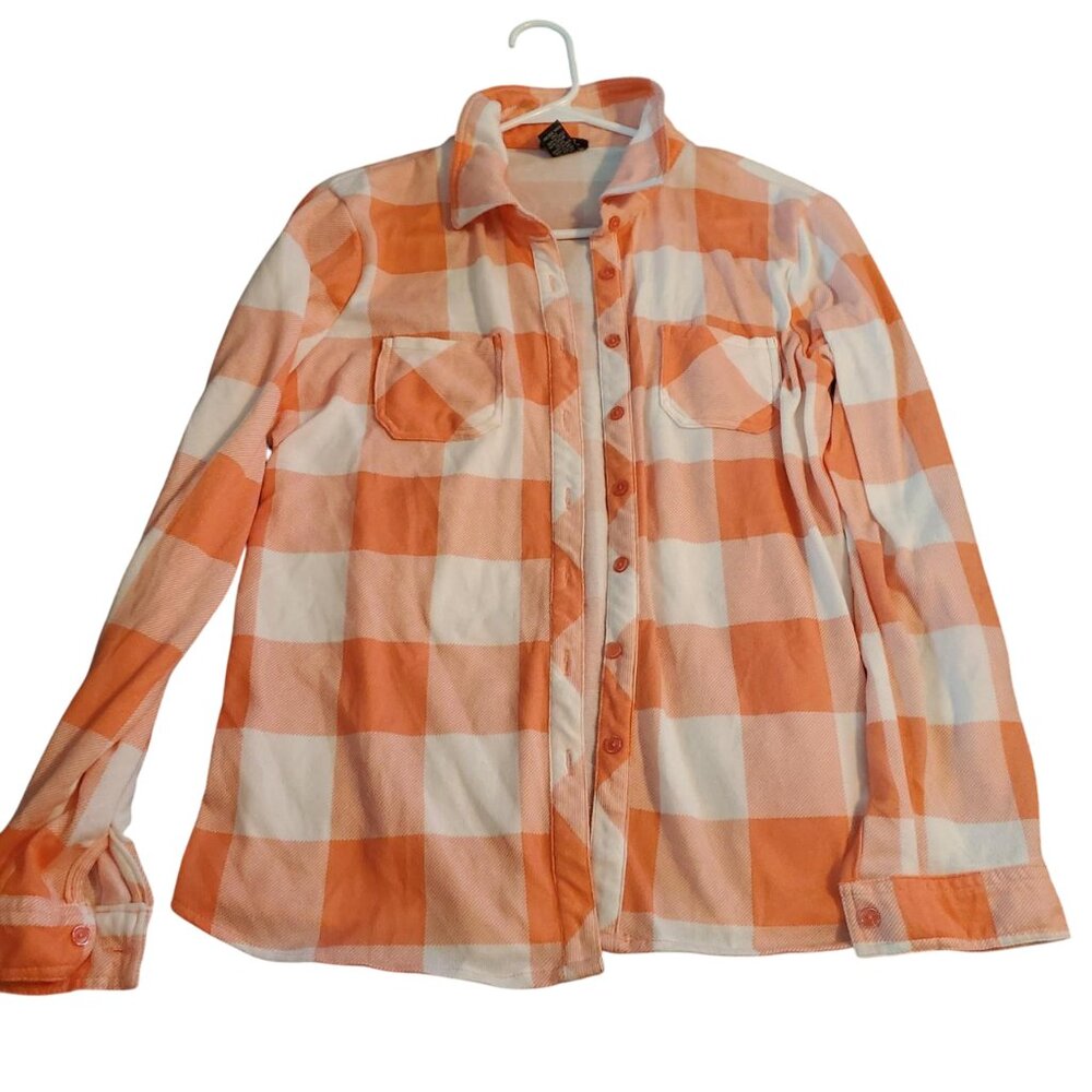 Rue 21 Peach Plaid Flannel Checkered Button Down Shirt Cottagecore Western